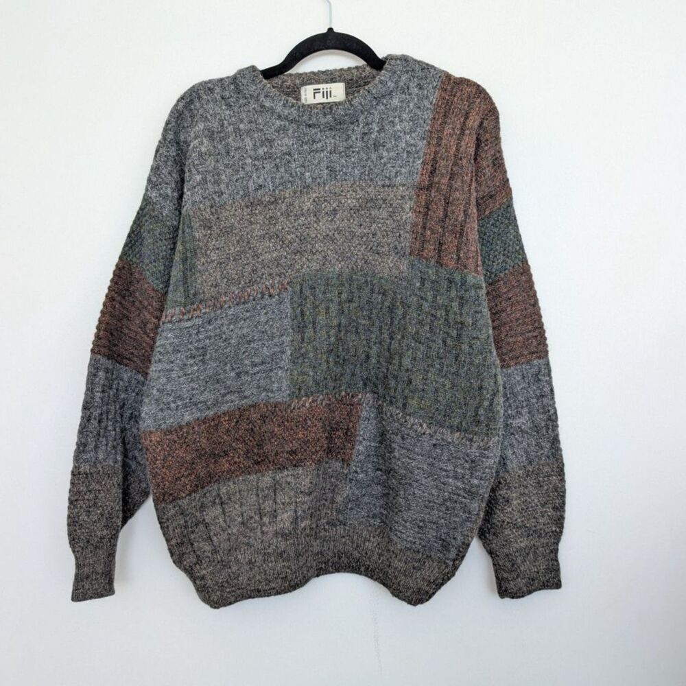 Vintage Fiji Made in Italy Wool Blend Patch Colorblock Crew Neck Sweater Sz L